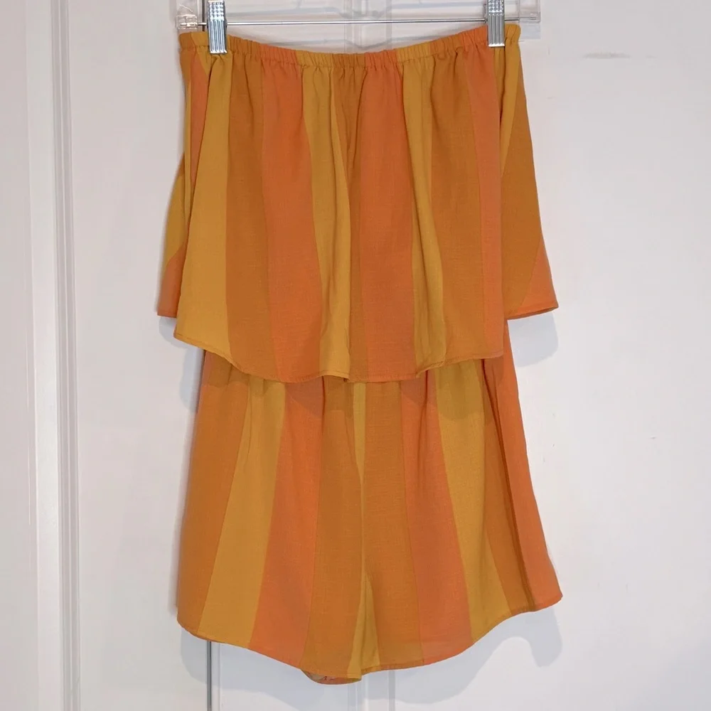 Show Me Your Mumu Thelma Strapless Layered Stripe Orange Yellow Romper S